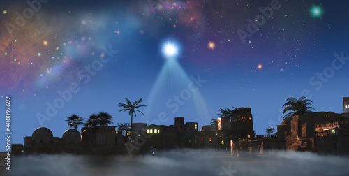 Vászonkép The star shines over the manger of christmas of Jesus Christ, 3d render