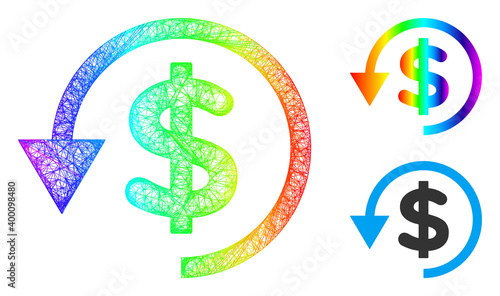 Spectral colored net chargeback, and solid spectral gradient chargeback icon. Crossed frame flat net geometric symbol based on chargeback icon, made from crossed lines.