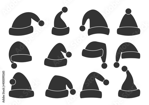Christmas Santa Claus hats glyph set. Black template holiday caps. Traditional accessory of New Year. Simple template headdress xmas costume, symbol Noel season. Isolated on white vector illustration