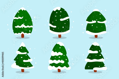 Christmas forest trees with snow set. Green snowy fir-tree of different shapes in flat cartoon style. Pine as traditional element, symbol New Year holiday, winter season. Isolated vector illustration