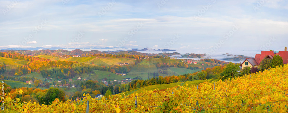 Fototapeta premium Autumn landscape with South Styria vineyards,known as Austrian Tuscany,a charming region on the border between Austria and Slovenia with rolling hills,picturesque villages and wine taverns,at sunrise