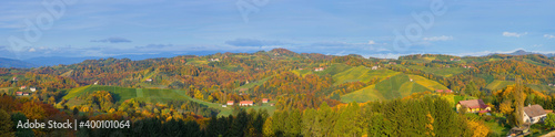 Autumn landscape with South Styria vineyards, known as Austrian Tuscany, a charming region on the border between Austria and Slovenia with rolling hills, picturesque villages and wine taverns © Aron M - Austria