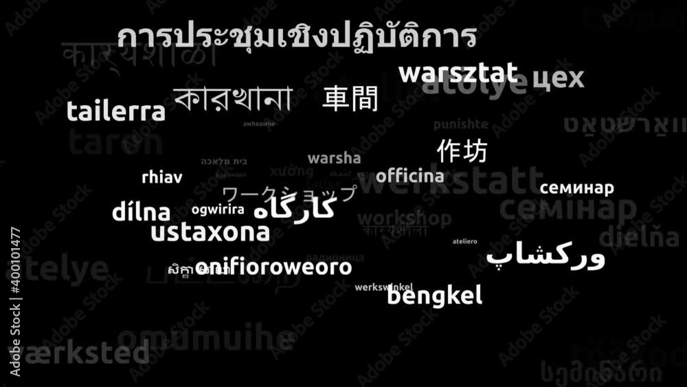 Workshop Translated in 54 Worldwide Languages Endless Looping 3d Zooming Wordcloud Mask Workshop Translated in 54 Worldwide Languages Endless Looping 3d Zooming Wordcloud Mask