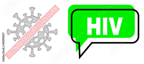 Shifted HIV green chat speech shape and cancel coronavirus mesh model. Vector 2d cancel coronavirus, designed with flat mesh. Green chat has HIV title inside black contour, and color cloud.