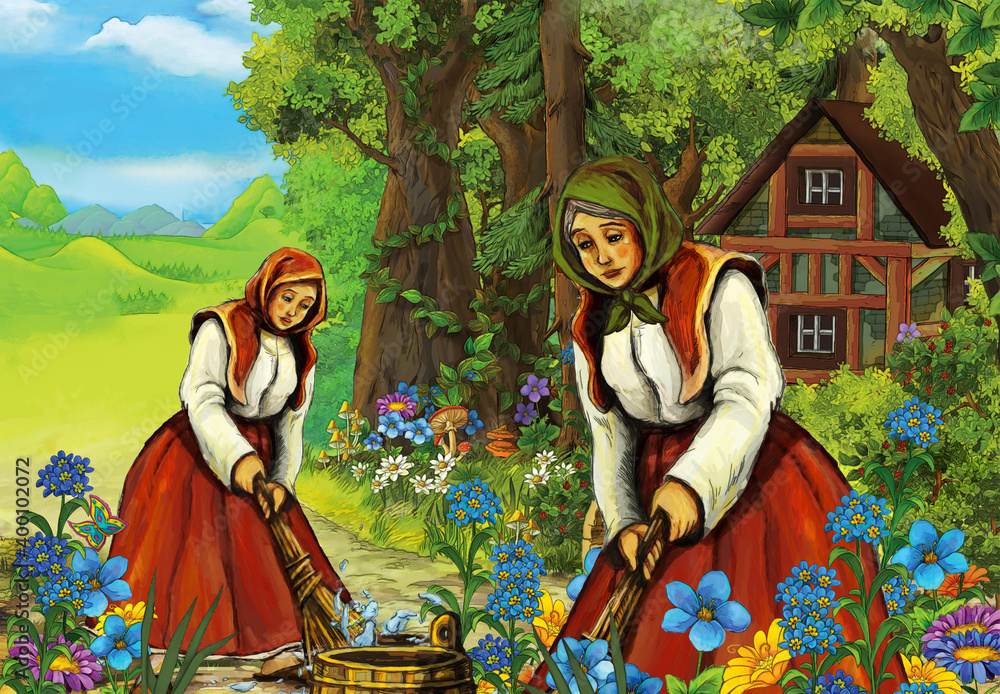 cartoon scene with farm woman in the forest near house illustration