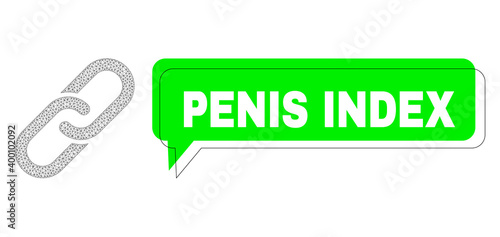 Misplaced Penis Index green message balloon and chain wireframe model. Vector flat chain, built from triangles. Green chat contains Penis Index tag inside black contour, and color balloon.