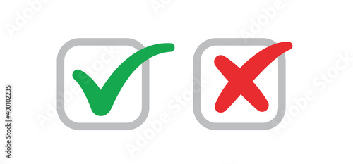 Check mark icons. Green tick and red x. Approval and decline symbols.