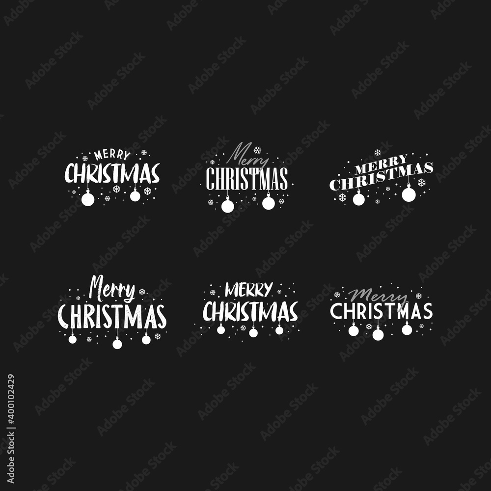 Merry Christmas typography set. Xmas holiday related lettering templates for greeting cards and decoration. Vector vintage illustration.