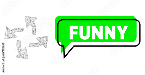 Shifted Funny green text banner and centrifugal arrows wireframe model. Vector flat centrifugal arrows, built from triangles. Green speech has Funny text inside black frame, and color banner.