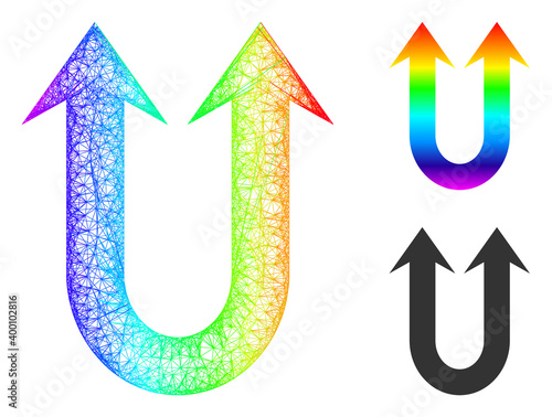 Spectral vibrant net mesh double forward arrow, and solid spectral gradient double forward arrow icon. Hatched carcass flat net abstract symbol based on double forward arrow icon,