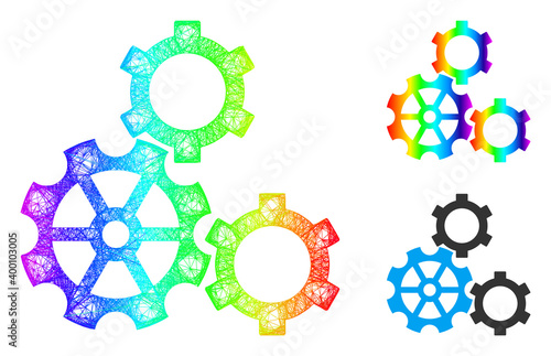 Spectrum colorful net mesh gears, and solid spectrum gradient gears icon. Crossed carcass 2D net abstract image based on gears icon, created from crossed lines.