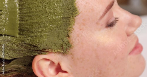Dyeing hair of young woman with henna in beauty salon, closeup