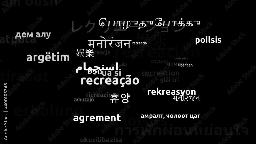 Recreation Translated in 44 Worldwide Languages Endless Looping 3d Zooming Wordcloud Mask Recreation Translated in 44 Worldwide Languages Endless Looping 3d Zooming Wordcloud Mask