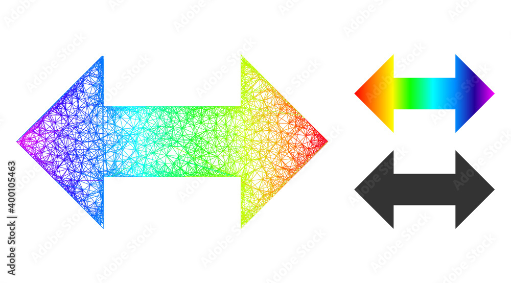 Fototapeta premium Rainbow vibrant wire frame horizontal exchange arrows, and solid rainbow gradient horizontal exchange arrows icon. Linear frame 2D net abstract image based on horizontal exchange arrows icon,