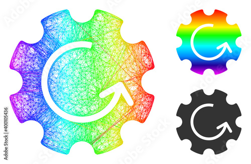 Spectral colorful net gear rotation, and solid spectral gradient gear rotation icon. Linear frame 2D net abstract symbol based on gear rotation icon, generated with intersected lines.