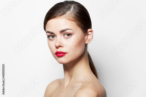 woman Bare shoulders smile fun attractive look red lips 