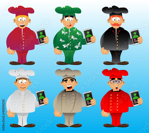 Fat male cartoon chef in uniform holding cell phone in hand. Vector illustration.