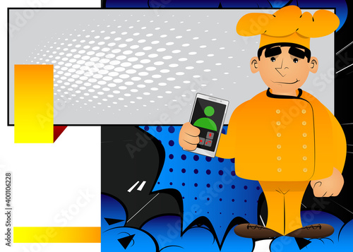 Fat male cartoon chef in uniform holding cell phone in hand. Vector illustration.