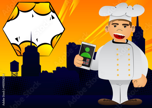 Fat male cartoon chef in uniform holding cell phone in hand. Vector illustration.