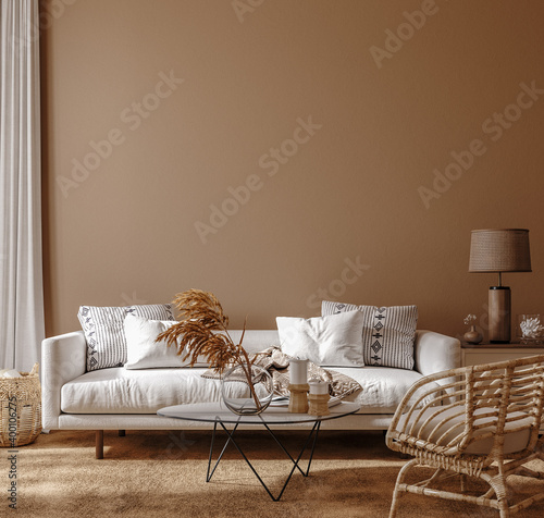 Boho style home interior, living room in brown warm color, 3d render