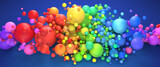 Vibrant rainbow of multicolored spheres crashing together in bright vivid colors. 3d render.