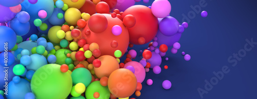 Vibrant rainbow of multicolored spheres crashing together in bright vivid colors. 3d render.