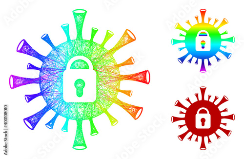 Spectral vibrant net coronavirus lockdown, and solid spectral gradient coronavirus lockdown icon. Hatched frame flat net geometric image based on coronavirus lockdown icon,