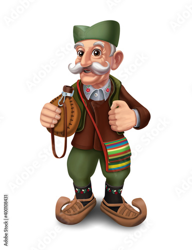 Freehand illustration of an old man dressed in traditional Serbian costume. An old Serb with a flask in his hand.