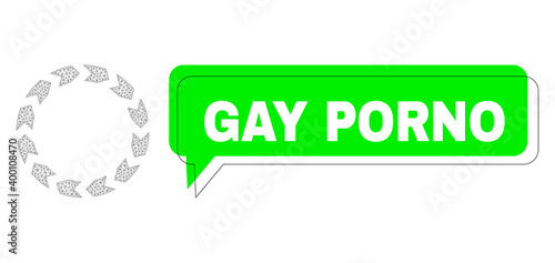 Shifted Gay Porno green text speech shape and circulation mesh structure. Vector flat circulation, designed with triangles. Green speech includes Gay Porno text inside black frame, and colored cloud.