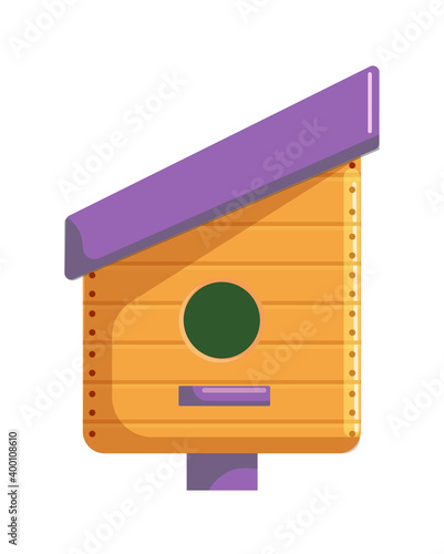 Rustic birdhouse box on pole isolated on white background
