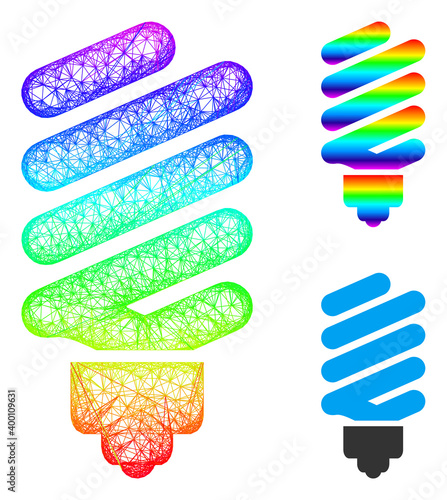 Rainbow colorful net fluorescent bulb, and solid rainbow gradient fluorescent bulb icon. Hatched carcass 2D net geometric image based on fluorescent bulb icon, is made from intersected lines.