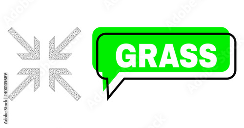 Misplaced Grass green chat frame and collide arrows mesh composition. Vector flat collide arrows, created from flat mesh. Green chat has Grass text inside black frame, and colored cloud.