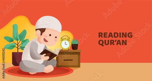 Muslim Kid Sit and Reading Quran with Happy Smile Face, Reciting Holy Book of Islam