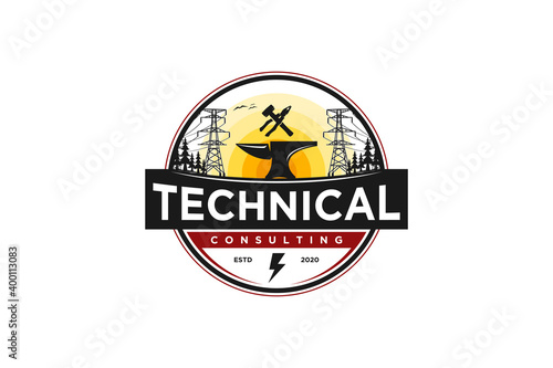 Anvil iron logo electrical technical, design hammer pliers element. industrial blacksmith forging icon. 