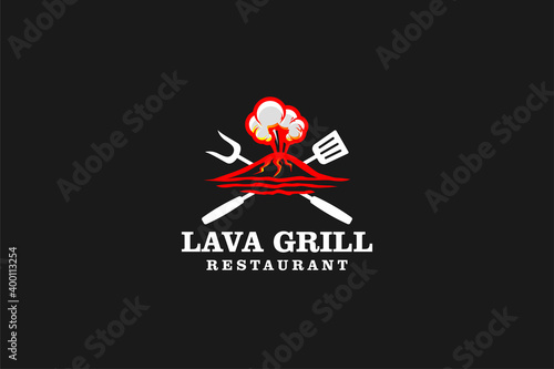 Barbecue bbq grill restaurant food drink logo design - barbeque fire meat sausage spatula element. mountain volcano lava grill.