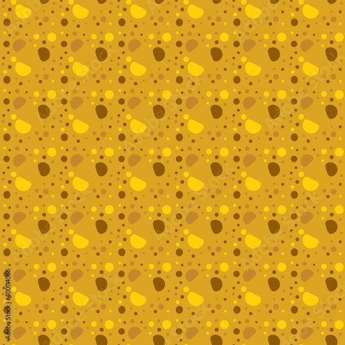 Fortuna gold geometric pattern of small, large circles and bubbles. Fortuna gold background with yellow, brown abstract