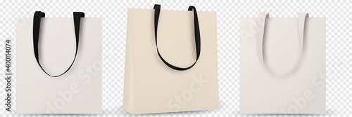 Cotton bag mockup, Textile tote bag for shopping mockup. Vector illustration isolated on white background.