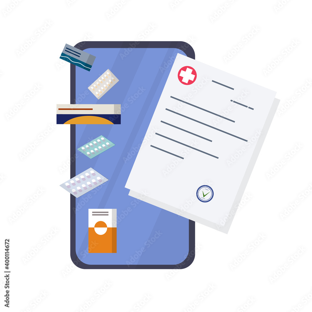 Online ordering of medicines through the phone at the pharmacy. Prescription of a doctor with a seal and a list of medicines. Making a medical prescription over the Internet.Online pharmacy. Vector. Online ordering of medicines through the phone at the pharmacy. Prescription of a doctor with a seal and a list of medicines. Making a medical prescription over the Internet.Online pharmacy. Vector.