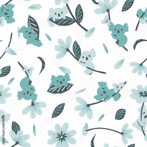 Cute Koala and Floral Vector Background Seamless Pattern