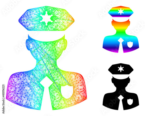 Spectrum colorful network constable, and solid spectrum gradient constable icon. Crossed carcass 2D network geometric image based on constable icon, made with crossing lines.