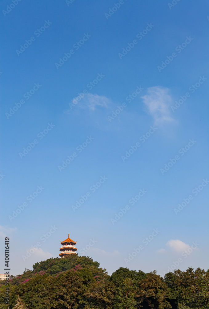 tower on mountain, Chinese Tower Under the blue sky tower on mountain, Chinese Tower Under the blue sky