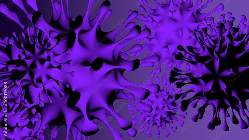 SARS-CoV-2 coronavirus on violet background in 3d. Dangerous non-cellular infectious virus covid-19 causes flu epidemics. SARS-CoV-2 coronavirus on violet background in 3d. Dangerous non-cellular infectious virus covid-19 causes flu epidemics.