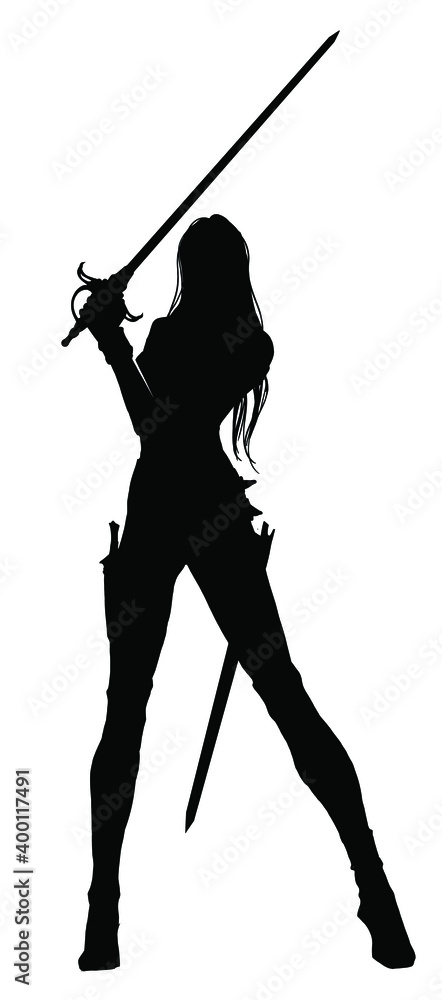 black silhouette of a swordswoman girl, with a long rapier in her hands, she poses beautifully with her legs spread wide, ready for a fight, she has long hair, she is wearing leather armor . 2d black silhouette of a swordswoman girl, with a long rapier in her hands, she poses beautifully with her legs spread wide, ready for a fight, she has long hair, she is wearing leather armor . 2d