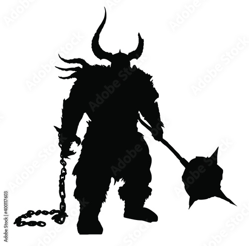 a black silhouette of a huge, sinister, stocky ogre with a giant spiked hammer, a broken chain in his other hand, and a helmet with horns, one of which is broken . 2d illustration.