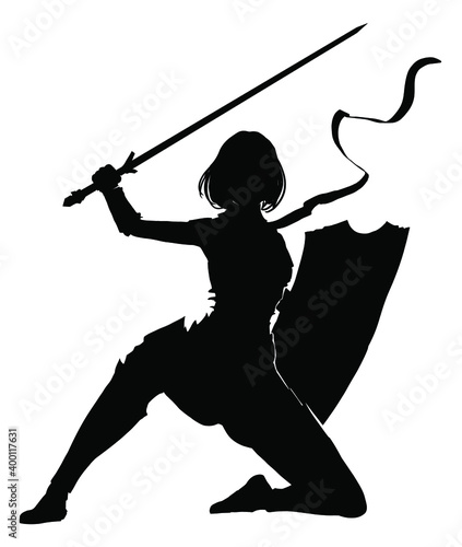 black silhouette of a knight girl with a sword and shield, in an epic half-crouch pose, she raises her sword up, she has short square hair . 2d illustration.