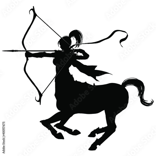 the black silhouette of a centaur girl who is running at a gallop with a bow in her hands and a stretched arrow, preparing to shoot, she has a beautiful profile, and a long scarf with a cloak . 2d 