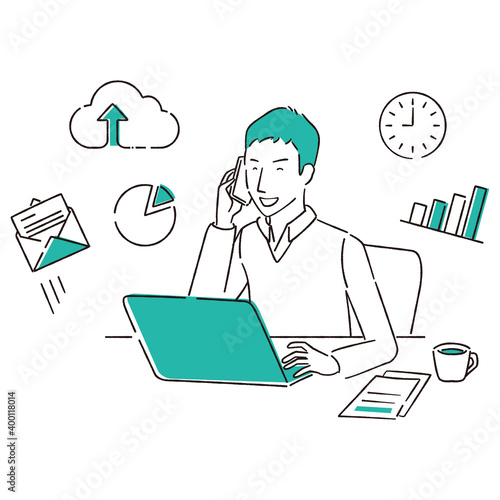 手描き1color 　リモートワーク　若い男性　電話