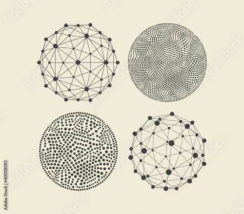 Spheres with connected lines and dots. Abstract 3d grid design. Technology style. Vector illustration.