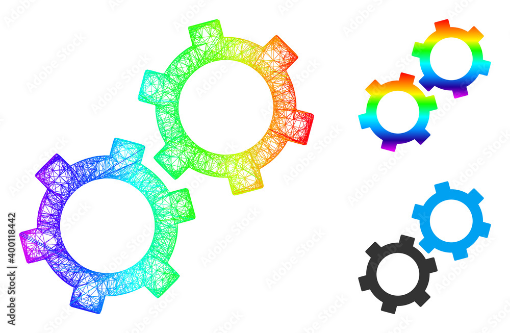 Spectrum vibrant net gears, and solid spectrum gradient gears icon. Wire frame 2D net abstract symbol based on gears icon, is created from intersected lines. Spectrum vibrant net gears, and solid spectrum gradient gears icon. Wire frame 2D net abstract symbol based on gears icon, is created from intersected lines.