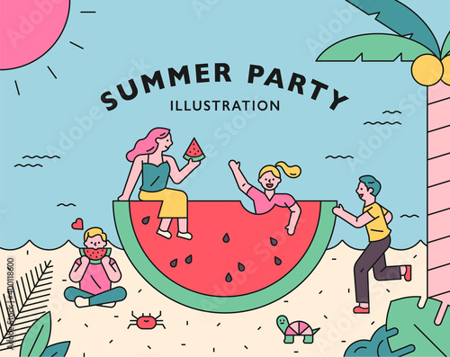 Summer party poster. People are having a party while eating watermelons around a large watermelon. flat design style minimal vector illustration.